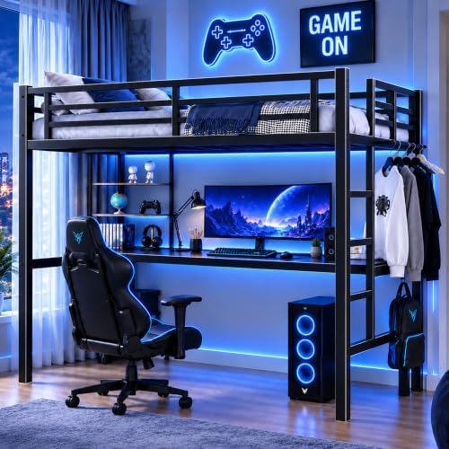 Twin Loft Bed with Desk, USB Charging Station, LED Light and 2 Storage Shelves, Metal Heavy Duty Loft Bed Twin Size for Adults, Teens, No Box Spring Needed, Black