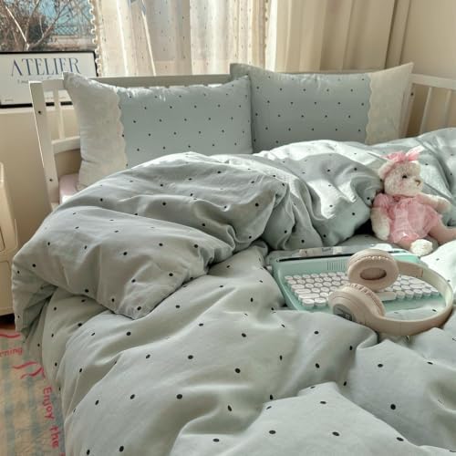 LifeTB Polka Dots Comforter Set King Aesthetic Princess Style Lace Comforter with 2 Pillowcases Fluffy Soft Cute Black Dots Bedding Set Lightweight Romantic Lace Design Reversible Bed Comforter Set