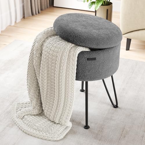 Round Ottoman with Storage, Boucle Storage Ottoman, Foot Stool Ottomans, Makeup Vanity Stool, Small Ottomans Foot Rest, Modern Vanity Stools for Living Room and Bedroom, Grey