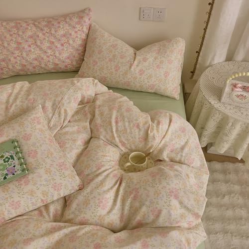 Floral Duvet Cover King Set 100% Cotton Double Gauze King Comforter Cover Soft Boho Cutecore Zipper Duvet Cover Set with Ties Aesthetic Girl Bedding Set Muslin Duvet Protector
