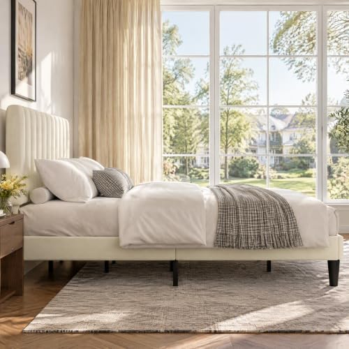 VECELO King Size Bed Frame with Upholstered Headboard, Velvet Platform Bedframe Mattress Foundation, Strong Wood Slat Support, No Box Spring Needed,Velvet Beige