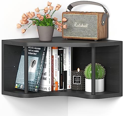 Black Floating Corner Wall Shelves with Cord Hole - Pine Wood 90° Corner Floating Nightstand Shelves Wall Mounted, 18’’ Floating Cabinet Shelf, Projector Corner Shelf for Living Room,Bedroom,Kitchen