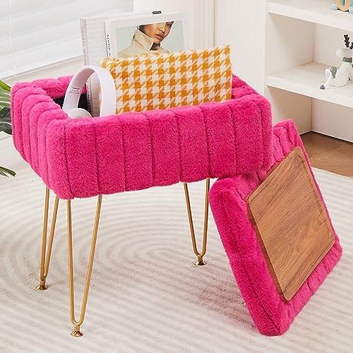 Wimarsbon Faux Mink Fur Storage Ottoman, Modern Soft Footstool, Storage Bench with Metal Legs, Vanity Seat, Fur Stool, Ottoman Coffee Table, Makeup Chair, Vanity Stools for Bedroom (Rose Red)
