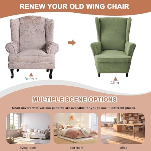 HAOYONG 2 Piece Wingback Chair Covers Stretch Wing Chair Slipcover Jacquard Wing Back Chair Covers with Arms Washable Spandex Fabric Armchair Cover Protection Furniture for Living Room and Bedroom