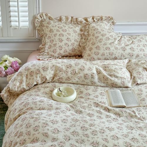 Vintage Flower Duvet Cover Set Muslin Cotton Full(80"x90"),Pink Floral