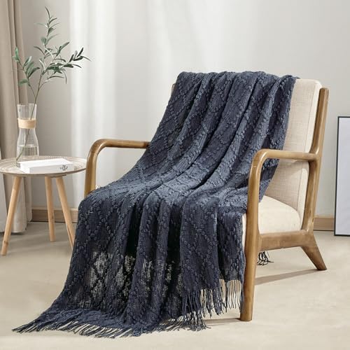 BOURINA Navy Throw Blanket 50 x70 Inch Jacquard Throw Knitted Blanket