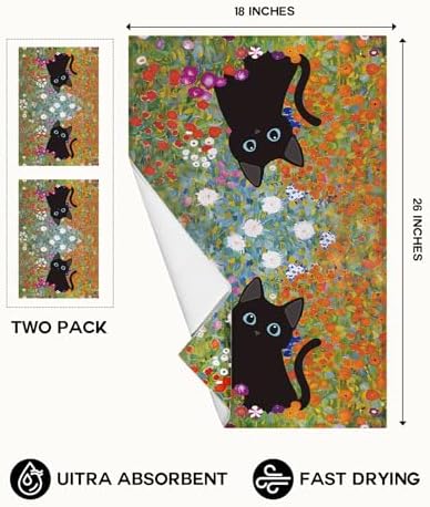 Miss Adola Cute Kitchen Towels Set of 2, 18 x 26 Inch, Black Cat Flower