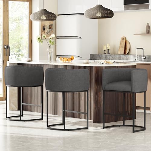 26" H Counter Height Bar Stools Set of 3, Modern Barrel Counter Stools with Backrest and Arms, Linen Fabric Upholstered Accent Barstools for Kitchen Island,Support 450 LBS (Carbon Black)