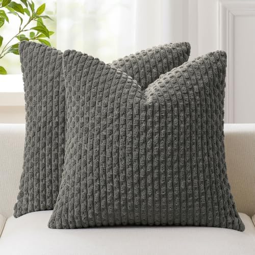 Kevin Textile Soft Corduroy 16x16 Inch Pillow Covers 2 Pack, Dark Grey