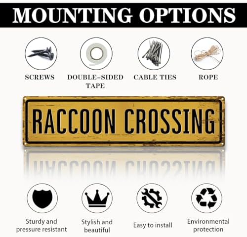 Rustic Farmhouse Metal Tin Sign, Raccoon Crossing Sign, Vintage Animal Road Signs for Porch, Yard, and Farmhouse, Animal Crossing Warning Signs, Perfect for Garden and Road, 15.7 x 3.9 inches