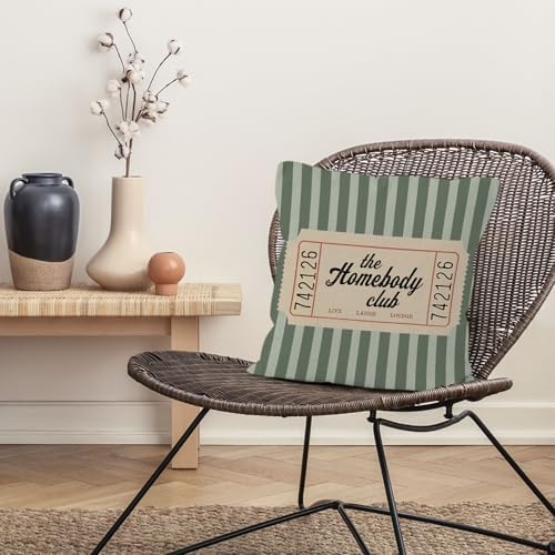 Trendy Retro the Homebody Club Throw Pillow Cover 18x18, Green Striped Cozy Aesthetic Decorative Pillow Covers for Home Bedroom Living Room Couch, Introvert Gifts Accent Pillows Cover Pillowcases