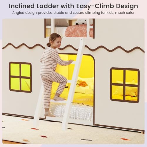 Girls Bunk Bed Twin Over Twin, House Loft Bed with LED Lights