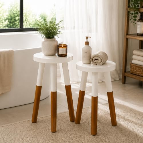 LitaEther Modern Side Table Set of 2, Solid Wood Accent Table,12" D x 12" W x 20" H & 12" D x 12" W x 18" H Small End Table for Living Room Bedroom, Plant Stand, Bathroom Stool, Pedestal Drink Table