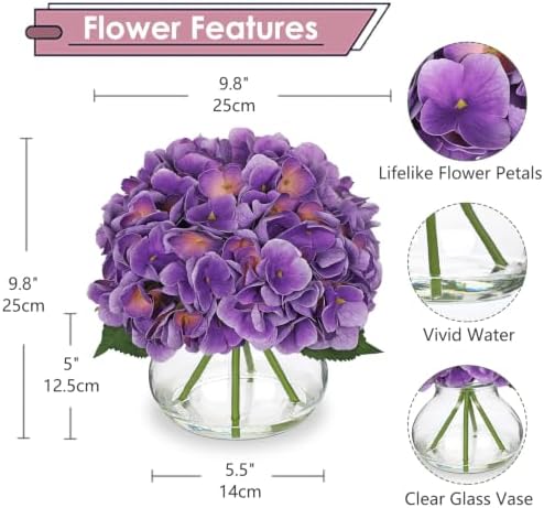 Hollyone Real Touch Hydrangea with Glass Vase Purple Full Latex Hydrangeas Artificial Flowers in Vase Lifelike Bouquets Floral Arrangements with Faux Water for Wedding Table Centerpiece Indoor Decor