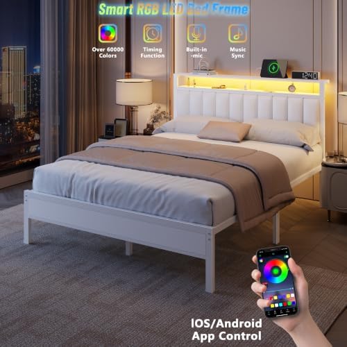 Furnulem White Queen Bed Frame with PU Upholstered Headboard & LED Lights
