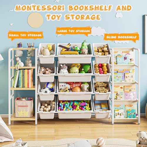 Toy Storage Organizer with 4-Tier Bookshelf, 57" Extra Wide Kids Toy Storage Shelf with 12 Bins, Large Metal Kids Bookcase for Playroom Organization and Nursery Room Decor, White