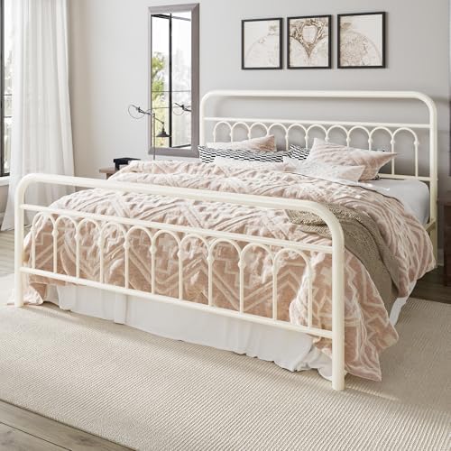 Allewie King Size Metal Platform Bed Frame with Headboard, Cream
