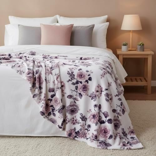 Soft Fleece Throw Blanket, Elegant Floral Roses Lavender White Pink, 50x70