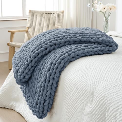 Bigacogo Chunky Knit Throw Blanket for Couch, 40x60 inches, Cold Sea Blue