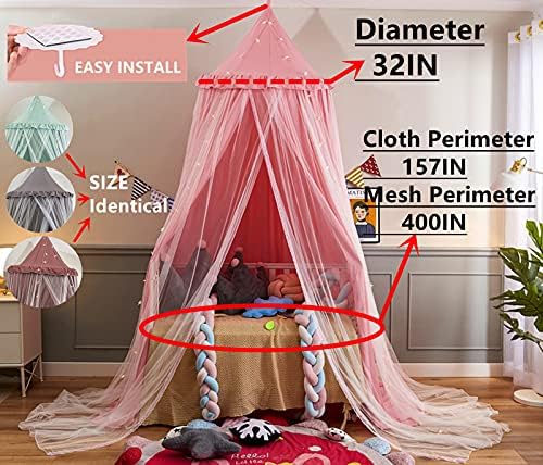 VETHIN Bed Canopy Double Layer Princess Round Dome Dreamy Mosquito Net Bedding Girls Room Castle Play Tent Hanging House Decor Reading Nook Canopies(Gray/White)