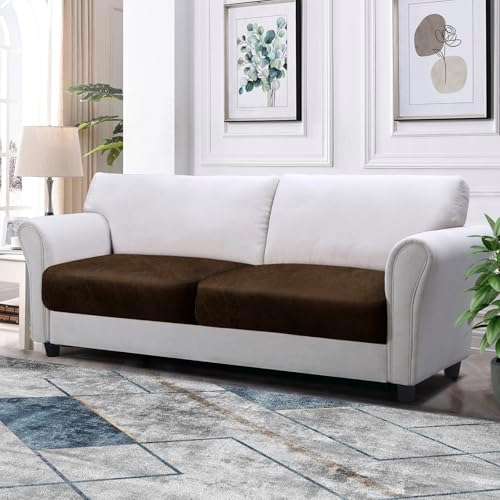 Couch Cushion Covers Leather-Look 2PC Stretch Sofa Seat Slipcover Sets for Living Room Individual Sofa Cushion Cover Couch Seat Protectors, Pet-Friendly, Non-Slip, Easy Fit - Coffee