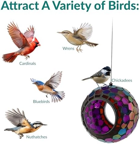 Sunnydaze Mosaic Glass Bird Feeder for Outdoors, Iridescent Purple Mosaic