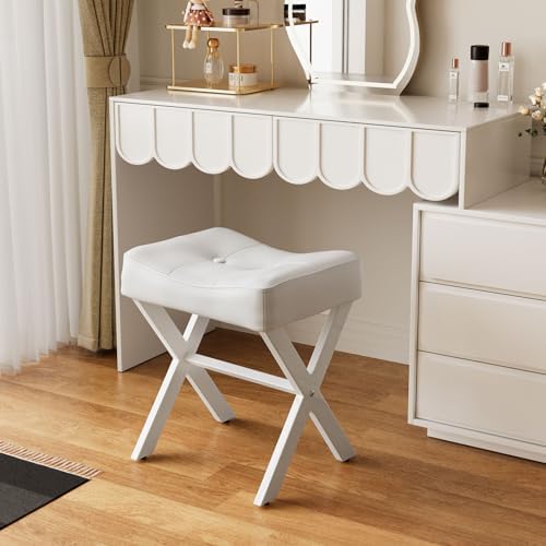 Memobarco 18-Inch Leather Vanity Stool Chair, White Makeup Stool