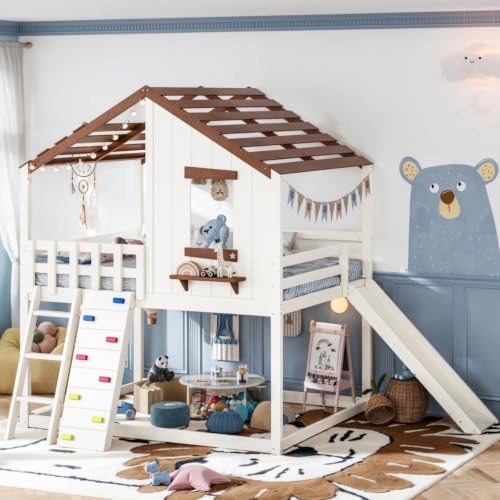 Full Size House Bunk Bed with Convertible Slide & Ladder, Beige