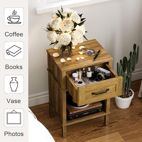 Small Brown Night Stand,Rustic End Table,Wood Nightstand with Drawer