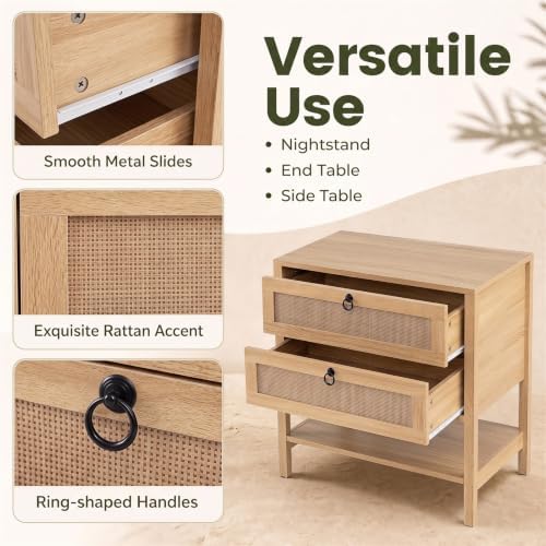 GIANTEX Rattan Nightstand with 2 Drawers, 27" Wide Boho Bedside Table