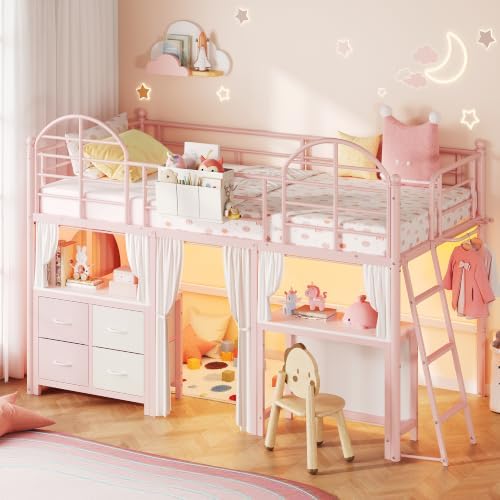 Twin Low Loft Bed with Desk & 4 Storage Drawers, Smart LED Lights, Pink