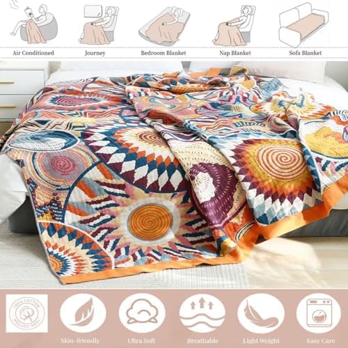 Boho Throw Blanket for Bed 100% Cotton Bohemian Blankets Ultra Soft Woven Muslin Decorative Blankets All Seasons Vintage Quilt Knitted Blanket for Sofa Chair (Colorful, 80"x90")