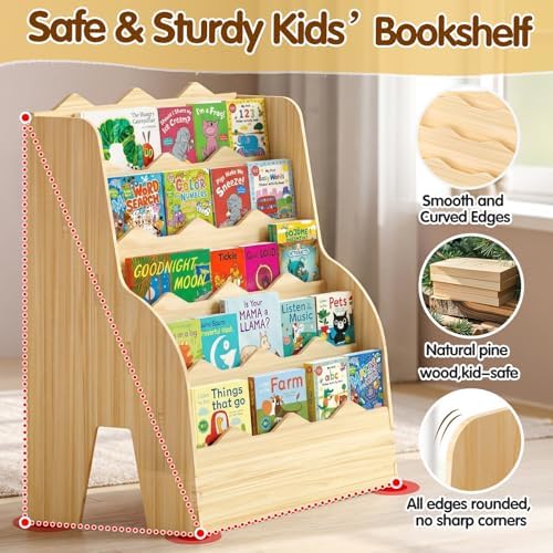 5-Tier Kids Bookshelf Montessori Wooden Bookcase Front-Facing Organizer