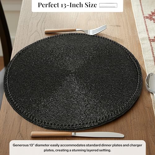 Beaded Round Placemats - Beaded Table Mats with Polyester Backing for Dining Table, Wedding, Christmas, Holiday, Party Decor - Handmade Glass Bead Charger 13" (Black) - ALPHA Living HOME (Pack of 2)