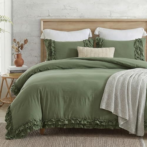 Avocado Green Duvet Cover Ruffled Bedding Set Pleated Ruffle Fringe Shabby Chic Bedding Twin Size Super Soft Cozy Boho Bedroom Bedding for All Season