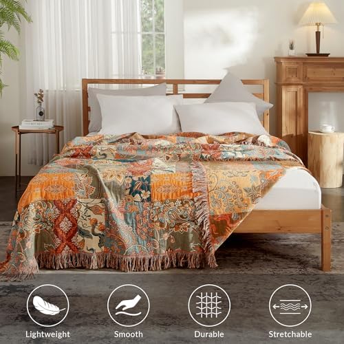 Bailix Boho Throw Blanket, 100% Cotton, Woven Floral Pattern, 80"x90"