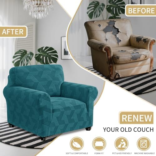 JIVINER Stretch Chair Covers, 1 Piece Couch Covers for Living Room, Non Slip Soft Sofa Covers, Washable Armchair Slipcovers for Dog, Pets Feature Geometrical Jacquard Fabric (Chair, Peacock Blue)
