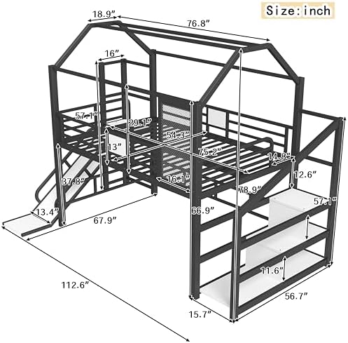 Bellemave Full Size Metal House Loft Bed with Slide and Stairs,Playhouse Heavy Duty Loft Bed Frame with Storage Shelves for Kids,Teens,Adults,Black