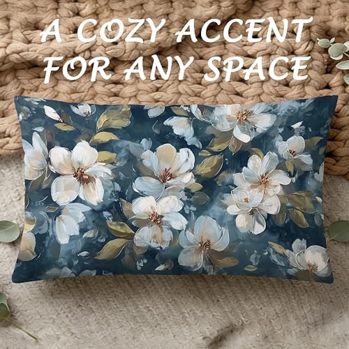 Vintage White Magnolia Floral Pillow Cover 12x20, Navy Blue Moody Cottagecore Wildflower Botanical Decorative Lumbar Pillow Cover for Couch Bed Living Room Bedroom