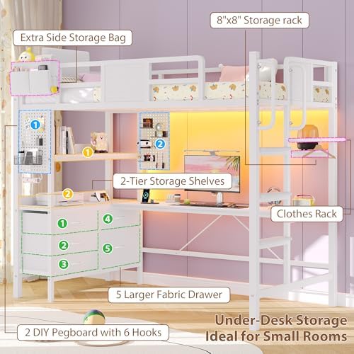 Loft Bed Twin Size with L-Shaped Desk and 5 Storage Drawers, White