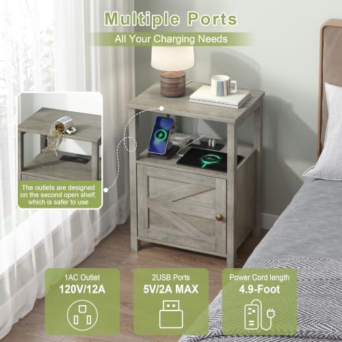 Farmhouse End Table Charging Station Barn Door & Storage Shelf Grey