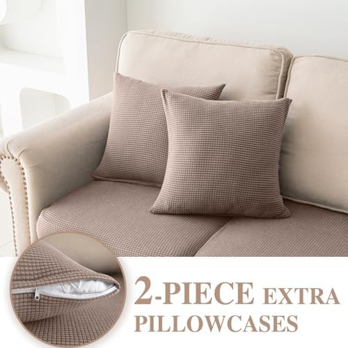 LA MEACK Couch Cushion Covers for Sectional Sofa L Shape Washable Separate Seat Chaise Couch Cover Stretch Sofa Slipcovers with 2 Pcs Pillowcases(3 Seater + 1 Chaise, Khaki)