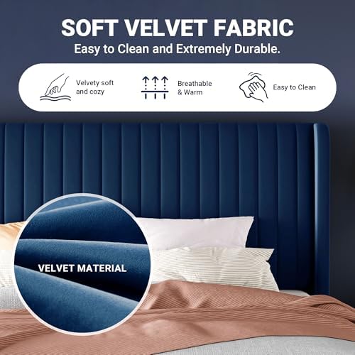 Allewie Full Size Velvet Bed Frame/Vertical Channel Tufted Wingback Headboard/Upholstered Platform Bed/Strong Wooden Slats/No Box Spring Needed/Easy Assembly/Blue