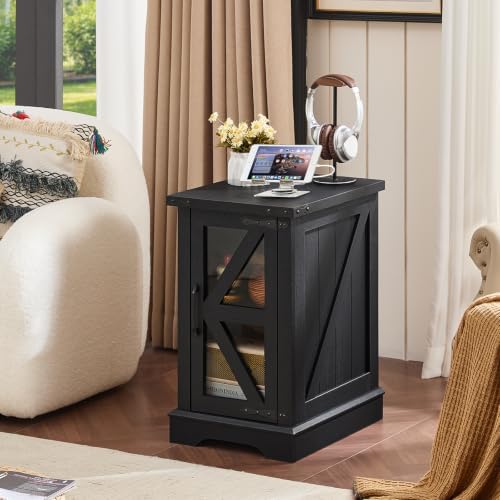 Joaxswe Narrow Night Stand with Charger Station, Glass Barn Door