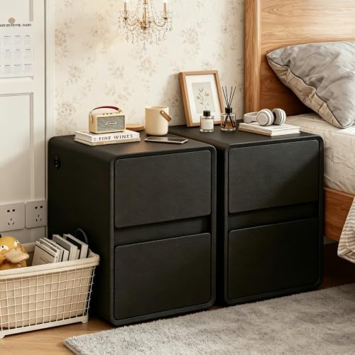 BOSHIRO 16″Narrow Nightstand Slim Bedside Tables Set of 2, Black