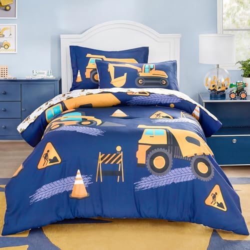 Joiedomi Kids Comforter Set Bedding Set for Boys Girls Super Soft Microfiber Bed in a Bag with Comforter Sheets Pillowcase Sham, Dark Blue Construction Vehicle, Twin