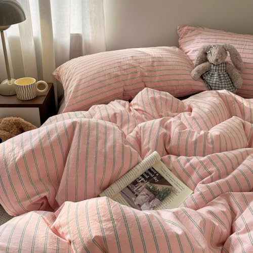 Vintage Striped Duvet Cover Queen 3 Pieces 100% Washed Cotton Bedding Set