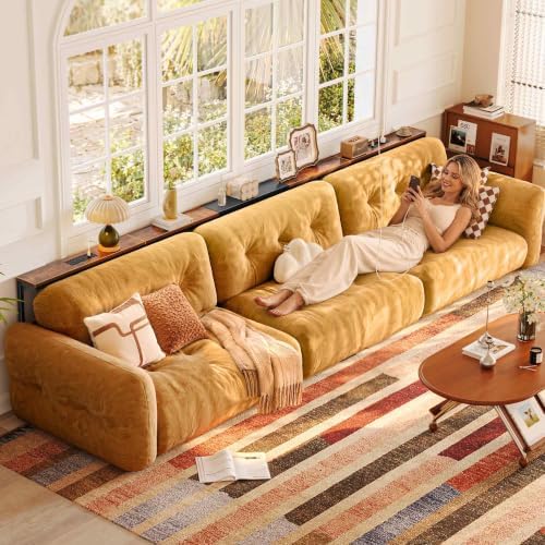 Huuger 110.2-133.8'' Extendable Behind Couch Table with Outlets, Rustic Brown