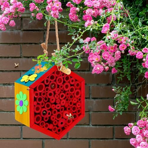 Leinuosen 3 Pcs Mason Bee House with DIY Painting Kits, Felt Bee Flower
