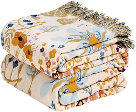 Cotton Throw Blanket Boho - 50"x60" Soft Floral Blankets, Sofa, Bed